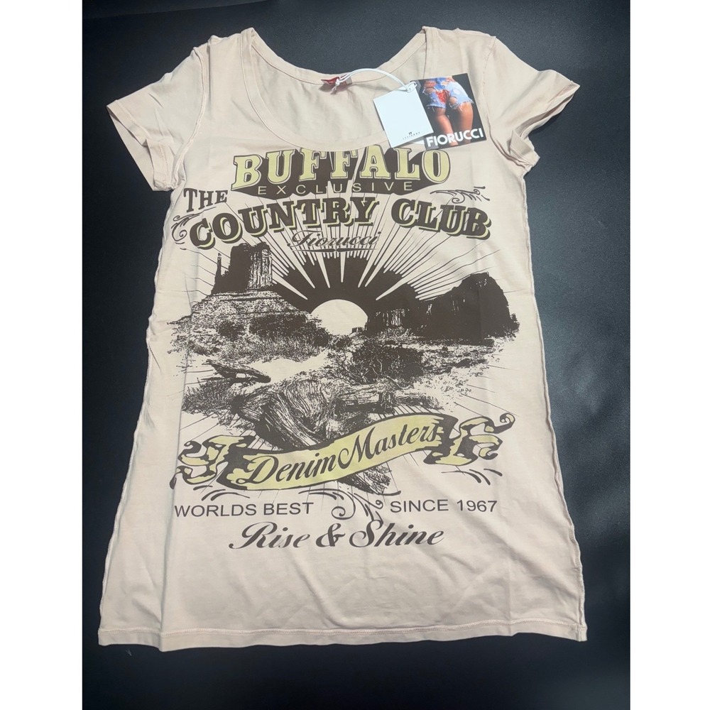 Fiorucci NEW Buffalo Country Club Graphic Cap Sleeve T-Shirt Beige/Brown XS